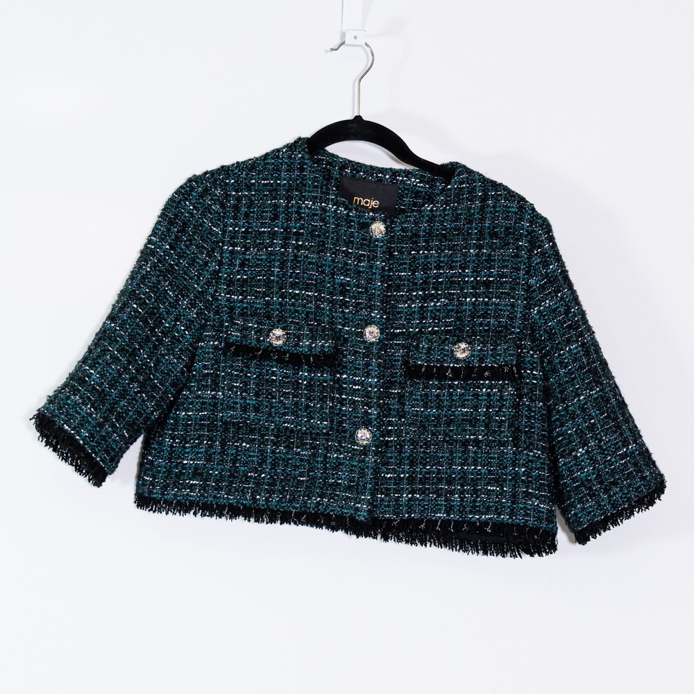 Maje Cotton Wool Metallic Boucle Tweed Knit Fringe Cropped Blazer Jacket 36